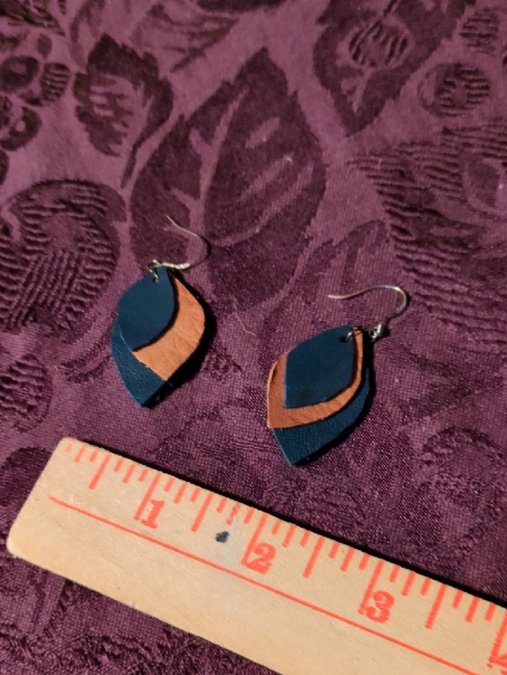 Handmade Blue and Tan Genuine Leather Layered Leaf Drop Earrings 925 Hook - Picture 5 of 8